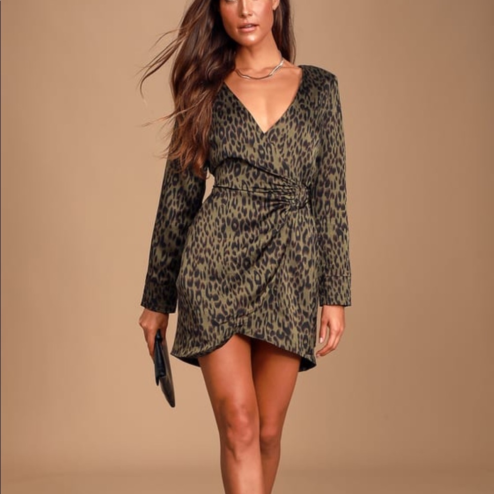 Lulus Olive Green Leopard Wrap Dress animal print